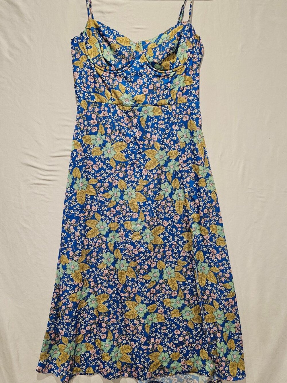 ASTR the Label Floral Bustier Midi Dress Blue Satin like Sweetheart Cami Size M